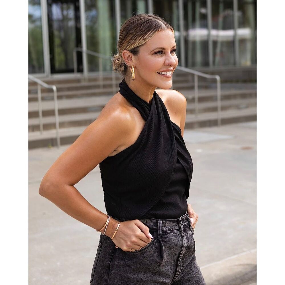 The Drop Women's Black Crossover Neck Halter Top by @kerrently Ribbed 2X